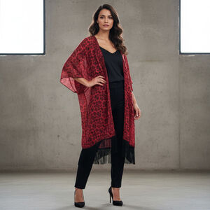 LuLaRoe Monroe Sheer Red Black Fringe Open Cardigan Kimono Cover Up Size Large